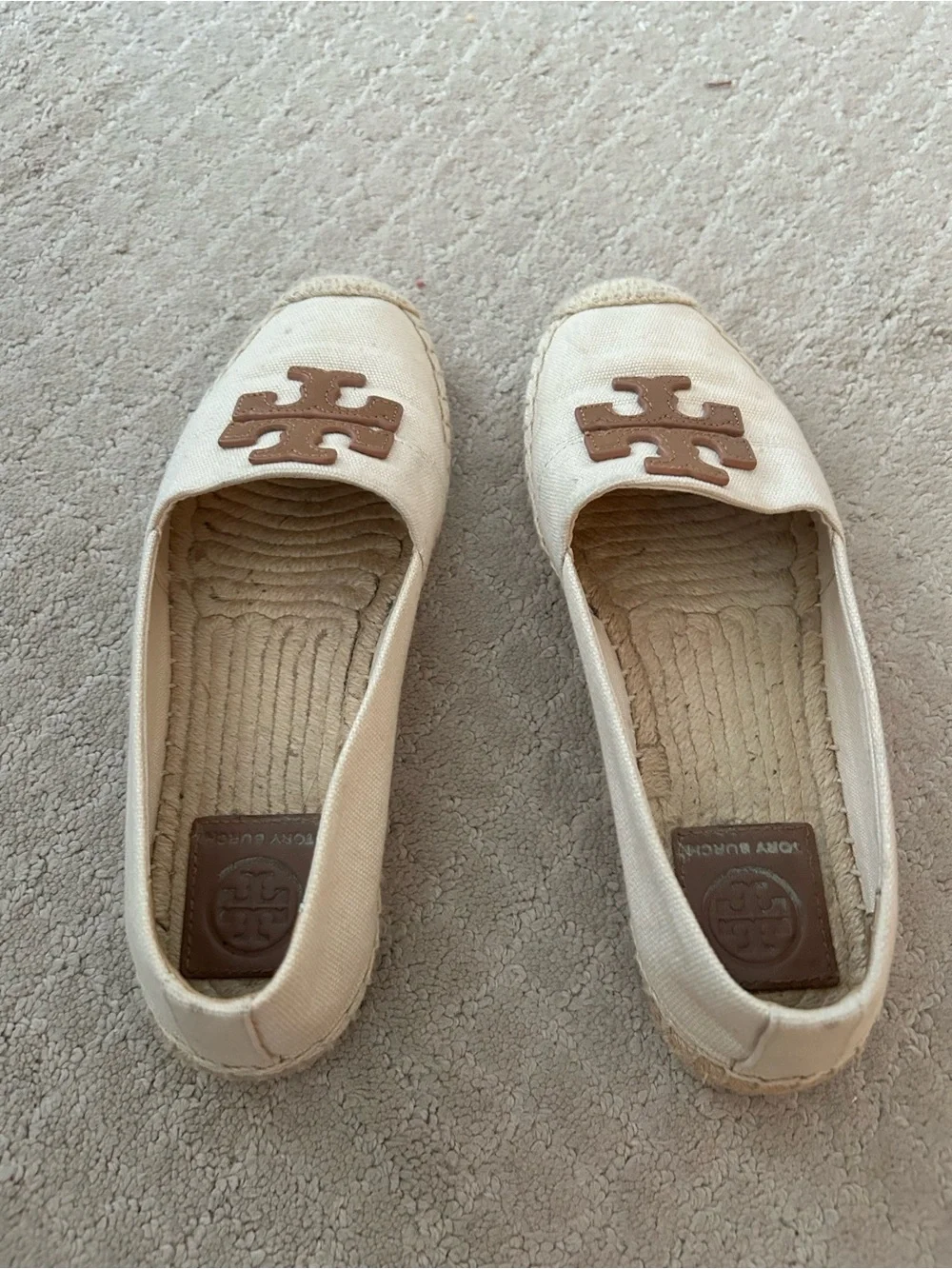 Tory Burch Cream Canvas Espadrilles with Brown Logo Emblem